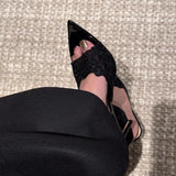 New Toe Tip-And-Out Mesh Yarn Lace Patent Leather One-字 Drag Female Feeling Wearing Small Mother-Sense Fine Heel High