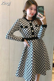Knitted Sweater Maxi Dresses for Women party Button Up Korean Fashion Plaid Mini Dress Robe Femme Vestidos Autumn