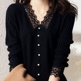 V-Neck Lace Knitted Shirt Original Single Italian Women's Single Single Autumn European Long Sleeve Bottom Top