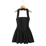 Solid Halter Slash Collar Mini Dress- Outfit