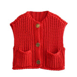 2025 Spring And Autumn 2025 New Women's Pocket Sleeveless Short Knitted Cardigan