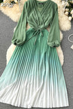 Draped Long Dress Women Elegant V-Neck Puff Sleeve High Waist Pleated A-Line Party Vestidos Female Spring