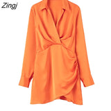Women Fashion Long Sleeve Pleats Desgin Soft Satin Mini Shirt Dress Office Ladies Chic Irregular Hem Slim Vestidos