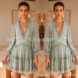 Zingj Selling 2023 Spring And Autumn New V Collar Waist Bubble Sleeve Long Sleeve Chiffon Dress