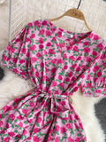 Women Floral Printed Midi Dress Vintage V-Neck Short Sleeve High Waist A-Line Casual Vestidos Female 2023 New