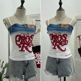 Edge Denim Spliced Letter Embroidered Sling Sling Vest T-Girls Short Top