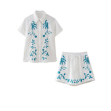 Spring / Summer Holiday Wind New Women's Cotton And Linen Embroidered Short Sleeve Shirt Drawn Rope Shorts Two