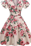60s 50s Big Swing Summer Dress Women Causal Robe Midi Pin-Up Tunic Sundress Short Sleeve V Neck Party