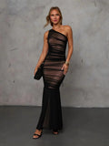 Women's Sexy Yarn Dress Banquet Temperament Evening Dress Repair Slant Shoulder Folds