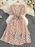 Women Floral Printed Midi Dress Vintage V-Neck Short Sleeve High Waist A-Line Casual Vestidos Female 2023 New