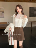 Xixi 2025 Autumn New White Standard Korean Long-Sleeved Yarn Tie With Knitted Shirt Woolen Dress
