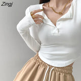 T-shirts Women Slim Y2k Trendy Tops Autumn Crop Popular Korean Style Button Long Sleeve Cute Camisetas Leisure Girlish