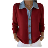 Uniquely Designed Cowboy Splicing T-Shirt For Women's Spring Sweater T-Shirt With Thin Long Sleeve