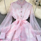 French Retro Collar Long Sleeves Chopped Flower And Chiffon Dress Women's Spring And Autumn New Lace-Up Long