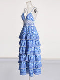 Spring 2025 New Fashion Sexy Blue Print V-Necked Leaf Side Design Sense Of The Body Of The Sling