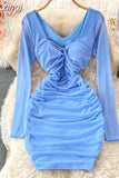 Sexy Draped Bodycon Mini Dress Women Blue/White/Khaki Twist Mesh Long Sleeve Club Party Vestidos Ladies 2023 New