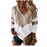 Autumn Women's Knitted Shirt V-Neck Splicing Long-Sleeved Simple Knitted Sweater Simple