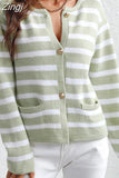 Women's Knitted Cardigan with Buttons Up Slim Short Soft Casual Coat V Neck Balck Striped Print Warm Cardigan Female