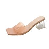 Summer New Transparent Crystal Slippers Women Wear Coarse High-Heeled Side Cool Slippers Outside Women's