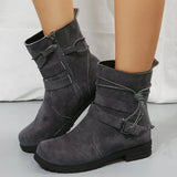 Large-Size Square With Velvet Tuff-Faced Short-Cuffed Boots Women's New Side Zipper Round Head Locomotive Boots