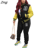 Striped print Women Fall Two piece Set Sweatshirt Zipp jacket Top Trousers Sports Baseball Uniform Workout
