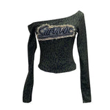 Girls Letter Sticker Leopard Long-Sleeved T-Shirt 2025 Autumn New Thin Short Top