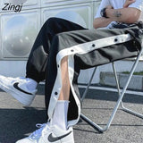 Women Patchwork Wide Leg Trousers Simple All-match Baggy Bf Basic Cool Drawstring Chic Streetwear High Waist Couple