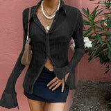 White Folds Cute Y2K Shirts Women Elegant Fashion Flared Sleeve Button Tops See Through Sexy Mesh Girl Tees Korean