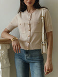 Simple Elegant Double Pocket Metal Buckle Knitted Top Temperament Round-Neck