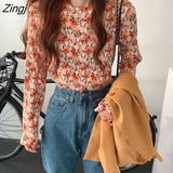 Women Floral Vintage Long Sleeve Basic Chic All-match Tee Folds O-neck Female Retro Tops Spring Autumn Chiffon