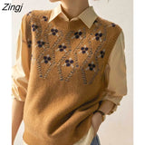 Vests Women Floral Retro Design New Stylish All-match Korean Style Ladies Creativity Basic O-neck Autumn Knitwear
