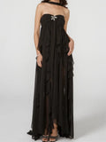 Women Y2K Long Tube Dress Sexy Strapless Off Shoulder Ruffle Tassel Dress Evening Party Halter Backless Vestidos 2025 211-0-Outfit