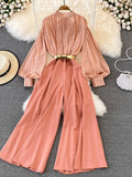 do vintage macacões outono lanterna manga longa gola de cintura alta perna larga drapeado macacão feminino elegante playsuits