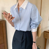 Chic Spring And Autumn Small Temperament Clip Clip Relaxed Long Sleeve Striped Shirt