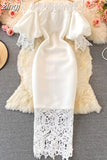 Hollow Out Lace Bodycon Long Dress Women Elegant Red/Pink/White Off Shoulder Patchwork Maxi Party Vestidos 2023 Autumn