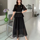 Wear Women's Summer Dress High-Sense Three-Dimensional Flowers Strap To The Waist Short Sleeve Pressure Folding Blouse High Waist Half-Body Skirt