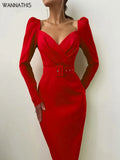 Elegant Party Dress Slim V Neck Long Sleeve Midi Pencil Dress With Belt Casual Office Lady Solid Red Puff Sleeve