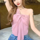 Women Summer Thin New French Style Sexy Crop Top Knitting Ins Classy One Shoulder All-match Solid Design Slim
