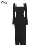 Vintage Black Midi Dress Woman 2022 Autumn Long Sleeve Elegant Evening Party Dress Korean Fashion Chic Casual Slim