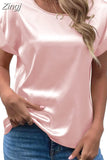Lady Short Sleeve Satin Blouse Loose Casual Round Neck Solid Shirts Fashion 2023 Summer Elegant Tops Women Clothing
