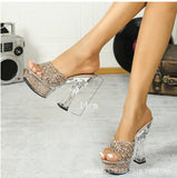 Zingj Glass Hotel Rhinestone Thick With Banquet Slippers Female Summer Transparent Waterproof Platform Thick Bottom Sexy