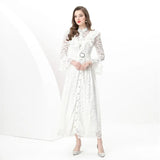New French Women's Dress High-End Wood-In-Ear Splicing Single Buckle Lace Embroidery