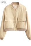 Single Breated Bomber Jacket Coat Women Elegant Long Sleeve Large Pocket Short Coat Spring Ladies Fashion Coats