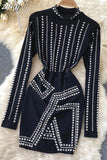 Black Sexy Bodycon Dress With Diamonds Vintage Stand Collar Long Sleeve High Waist Bling Mini Vestidos 2023 New