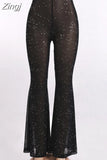 Women High Waist Sequined Sparky Long Flared Pants Bikini Cover Ups Trousers Mesh Sheer See Through Pants