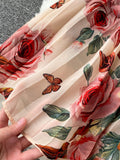 Women Floral Draped Mini Dress Bohemian Female V-Neck Puff Long Sleeve High Waist Bandage Pleated Vestido Female Robe