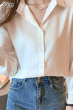 Women's Silk Shirts V-neck Solid Laides Tops Womens 2023 Spring Fashion Satin Long Sleeve Blouses Button Up White OL Vintage