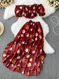 Bohemian Floral Printed Sets Women Sexy Slash Neck Short Tops + High Waist Ruffle Irregular Skirt Suit Female New