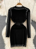 Winter Women Black Rivet Bodycon Dress Vintage Stand Collar Long Sleeve Slim Retro Mini Vestidos Female Sheath Robe