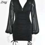 Chiffon Summer Autumn Dress Women 2020 Sexy Long Sleeve Slim Elastic Bodycon Bandage Dress Short Pleated Party